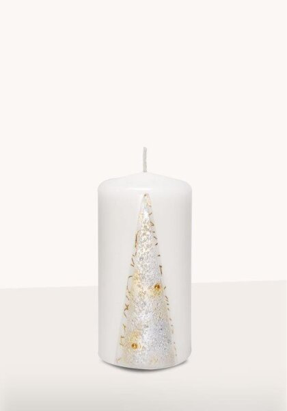 Weihnachtskerze Tannenmotiv weiß-gold 120 x Ø 60 mm