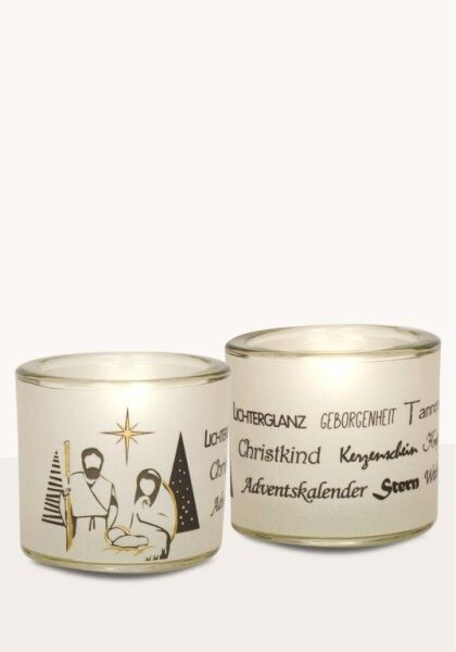 Weihnachtskerze Lichtblicke-Glaslicht mit Hl. Familie schwarz/gold 57 x Ø 65 mm