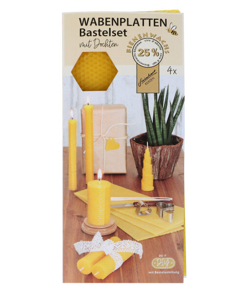 Wabenplatten Bienenwachs Bastelset mit Docht, 4er-Pack