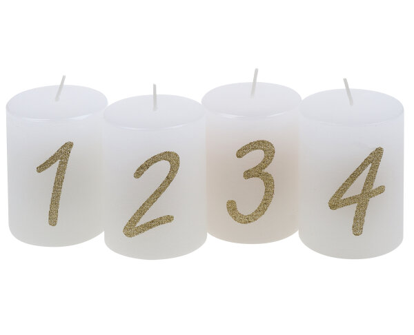 Stumpenkerzen "1 - 4", 4er-Pack Weiß 80 x Ø 58 mm