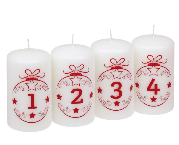 Stumpenkerzen "Advent Balls 1 - 4", 4er-Pack Weiß 100 x Ø 57 mm