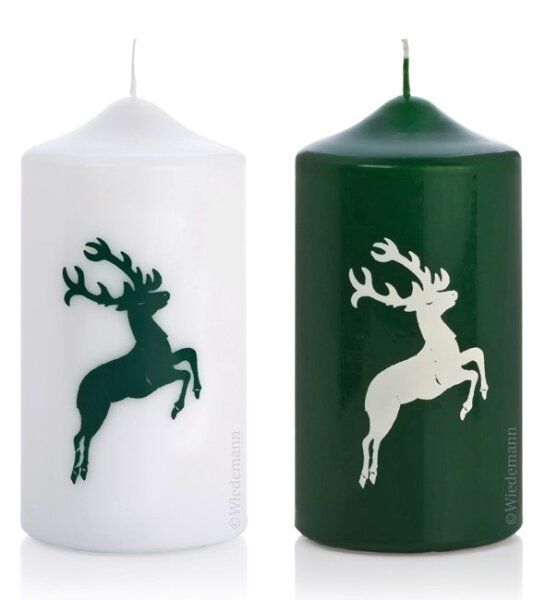 2er Set Hirsch Kerzen Weiß/Grün 150 x Ø 78 mm