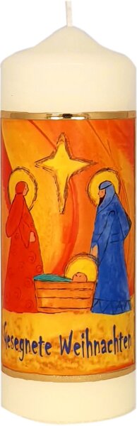 Weihnachtskerze "Krippe orange/blau" Elfenbein 170 x Ø 60 mm