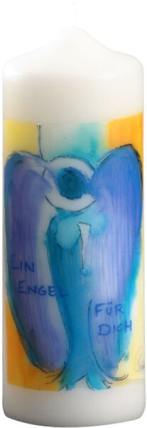 Engelkerze "Engel blau/gelb mit Text" 170 x Ø 60 mm