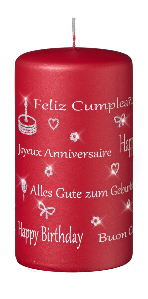 Spruchkerze "Happy Birthday" XMas Rot Matt 130 x Ø 70 mm, 1 Stück