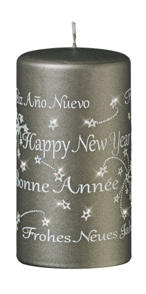 Spruchkerze "Happy New Year" Grau Matt 130 x Ø 70 mm, 1 Stück