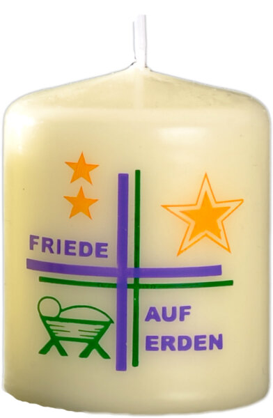 Weihnachtskerze "Friede auf Erden" 3-farbig in Elfenbein 60 x Ø 50 mm, 1 Stück