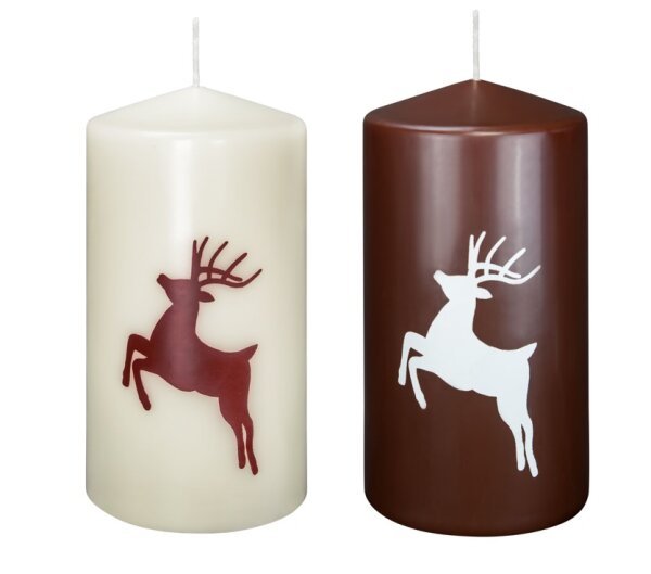 2er Set Hirsch Kerzen Elfenbein/Kastanie 150 x Ø 78 mm